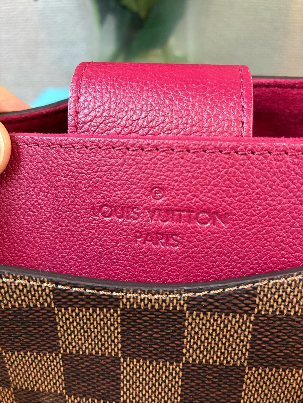 Louis Vuitton LV Damier Ebene Riverside Tote w/ Magenta Leather & LV Charm - NWT